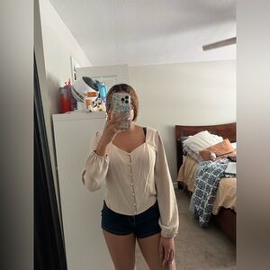 I.N. San Francisco nude button up long sleeve blouse, size medium